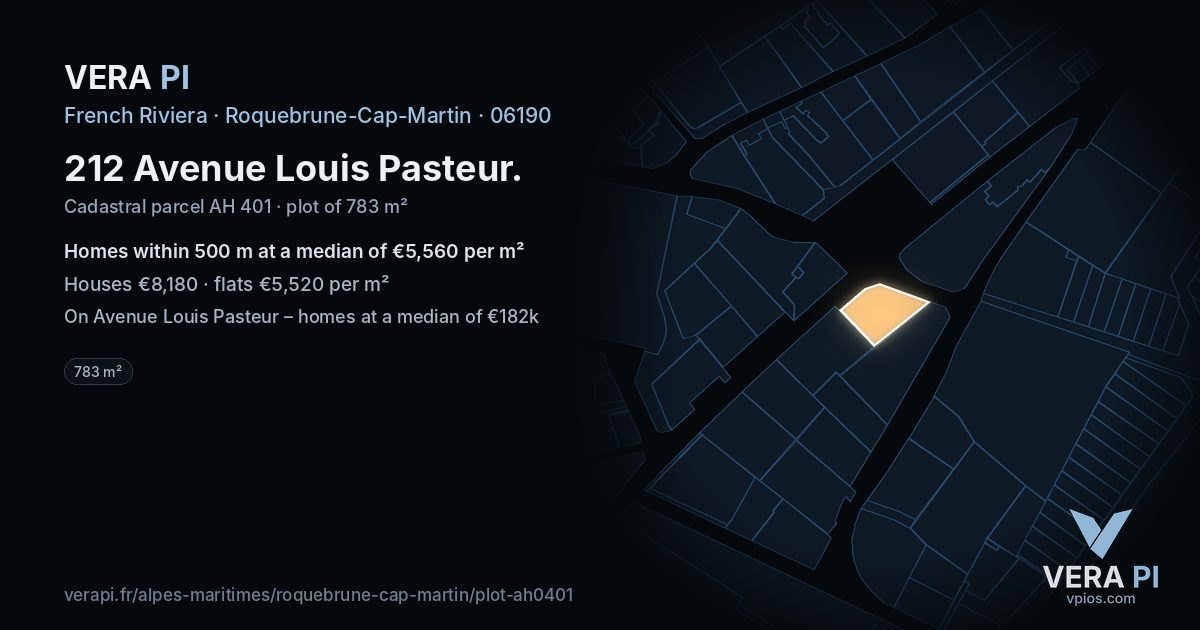212 Avenue Louis Pasteur, Roquebrune-Cap-Martin at night – the plot lit, the parcels around coloured by the prices near them