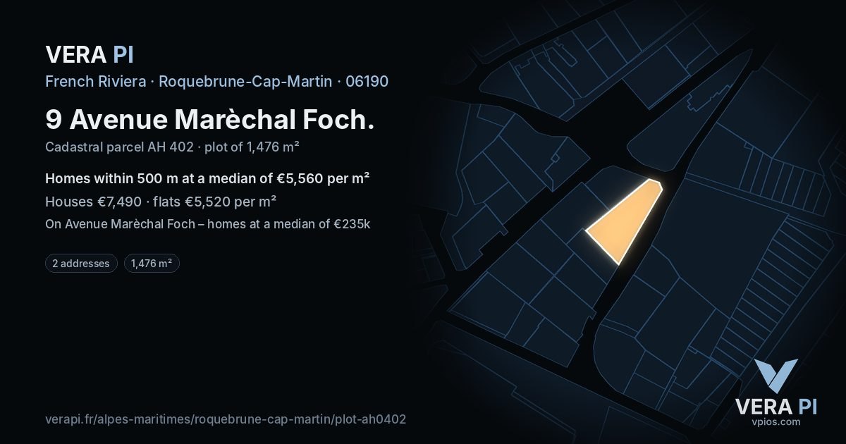 9 Avenue Marèchal Foch, Roquebrune-Cap-Martin at night – the plot lit, the parcels around coloured by the prices near them