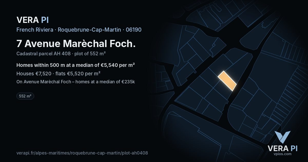 7 Avenue Marèchal Foch, Roquebrune-Cap-Martin at night – the plot lit, the parcels around coloured by the prices near them