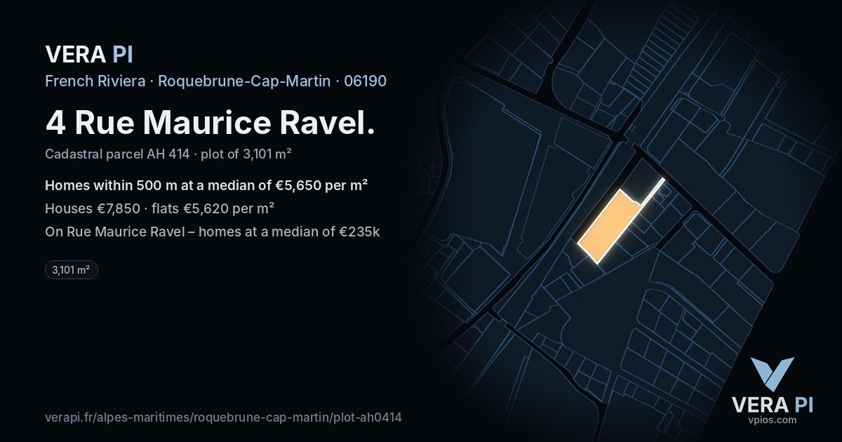 4 Rue Maurice Ravel, Roquebrune-Cap-Martin at night – the plot lit, the parcels around coloured by the prices near them