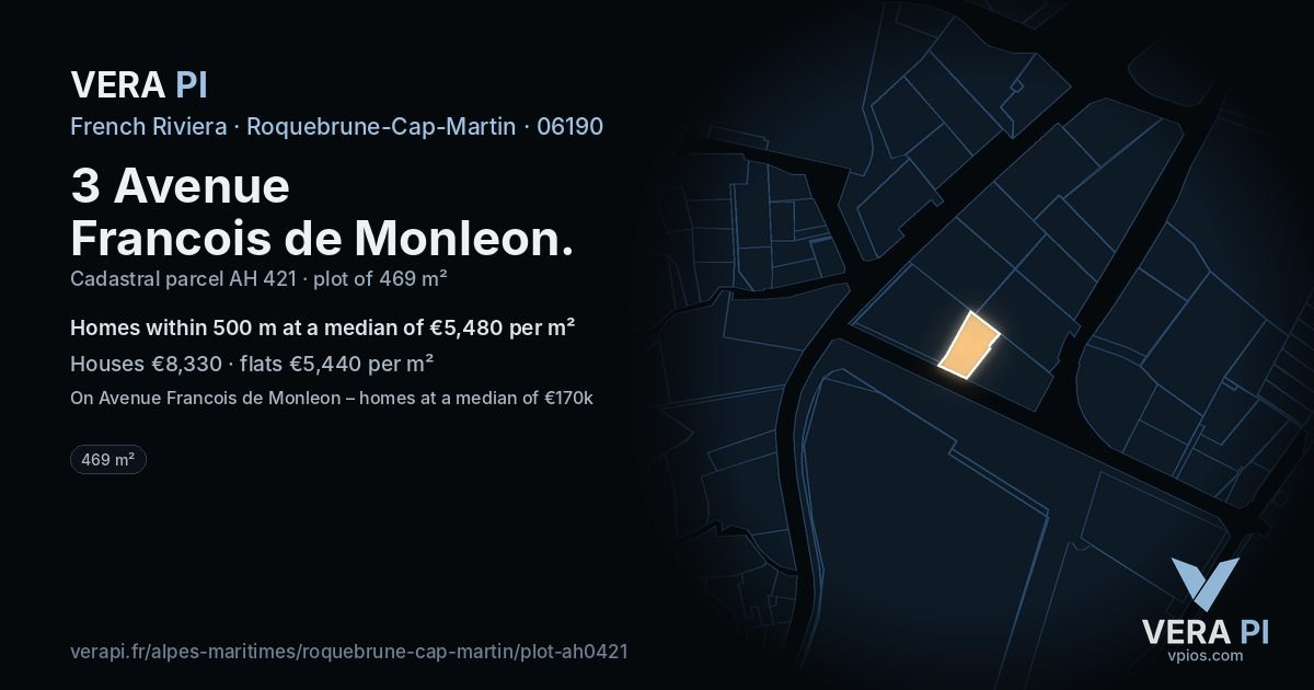 3 Avenue Francois de Monleon, Roquebrune-Cap-Martin at night – the plot lit, the parcels around coloured by the prices near them