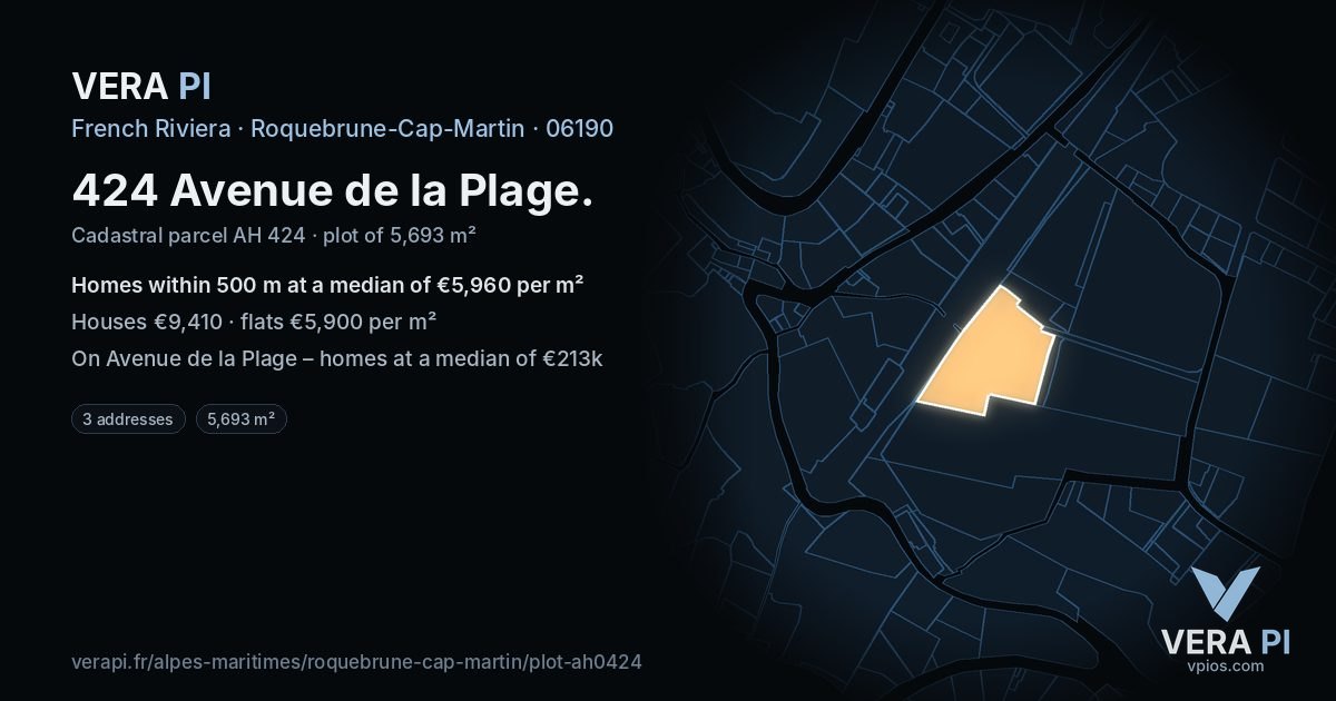 424 Avenue de la Plage, Roquebrune-Cap-Martin at night – the plot lit, the parcels around coloured by the prices near them