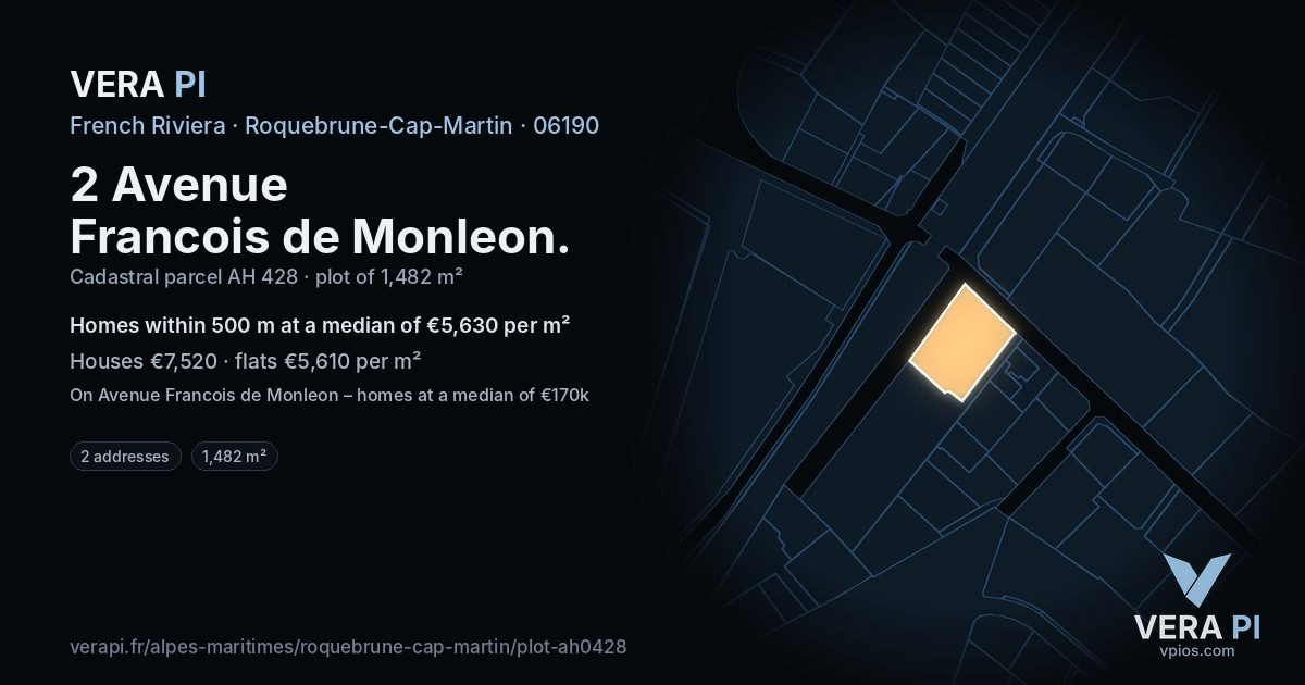 2 Avenue Francois de Monleon, Roquebrune-Cap-Martin at night – the plot lit, the parcels around coloured by the prices near them