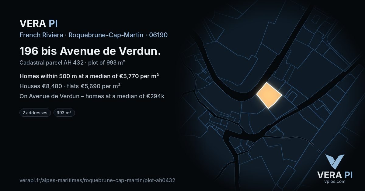 196 bis Avenue de Verdun, Roquebrune-Cap-Martin at night – the plot lit, the parcels around coloured by the prices near them