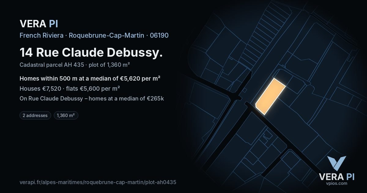 14 Rue Claude Debussy, Roquebrune-Cap-Martin at night – the plot lit, the parcels around coloured by the prices near them