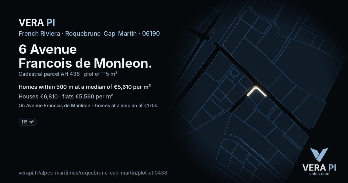 6 Avenue Francois de Monleon, Roquebrune-Cap-Martin at night – the plot lit, the parcels around coloured by the prices near them