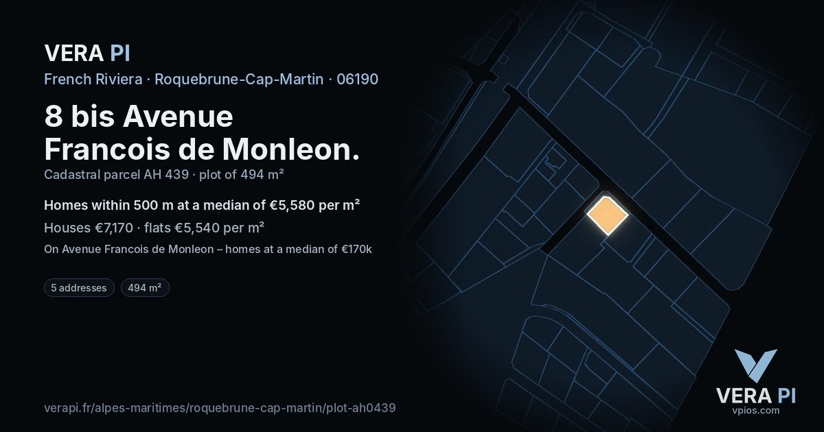 8 bis Avenue Francois de Monleon, Roquebrune-Cap-Martin at night – the plot lit, the parcels around coloured by the prices near them
