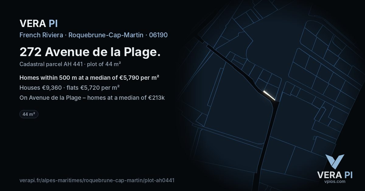 272 Avenue de la Plage, Roquebrune-Cap-Martin at night – the plot lit, the parcels around coloured by the prices near them