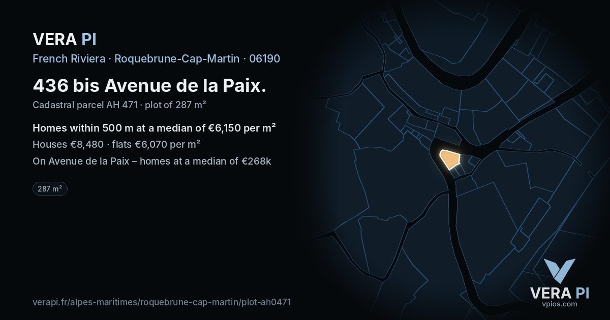 436 bis Avenue de la Paix, Roquebrune-Cap-Martin at night – the plot lit, the parcels around coloured by the prices near them