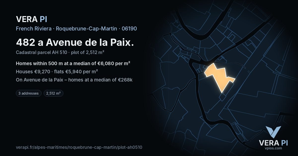 482 a Avenue de la Paix, Roquebrune-Cap-Martin at night – the plot lit, the parcels around coloured by the prices near them