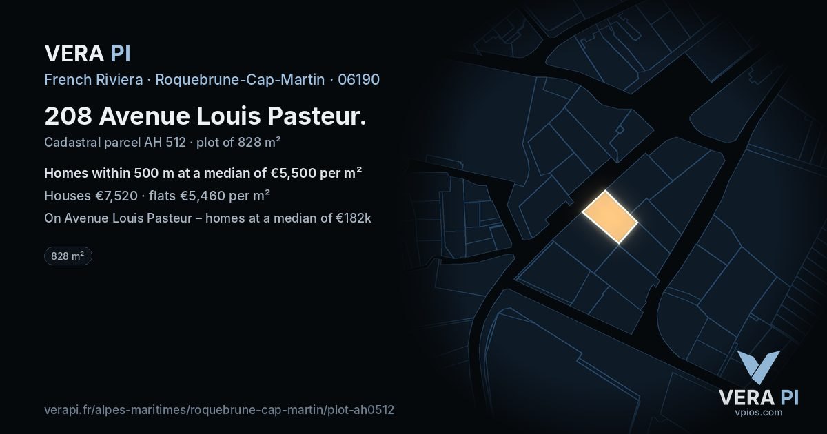 208 Avenue Louis Pasteur, Roquebrune-Cap-Martin at night – the plot lit, the parcels around coloured by the prices near them