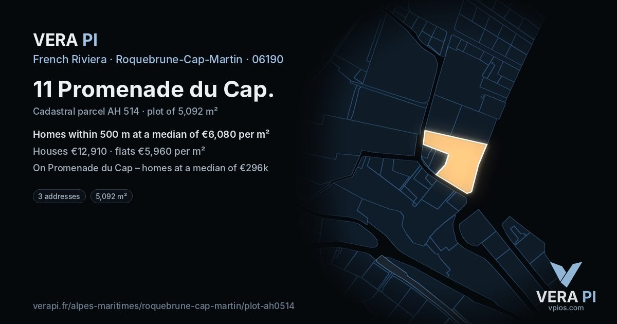 11 Promenade du Cap, Roquebrune-Cap-Martin at night – the plot lit, the parcels around coloured by the prices near them