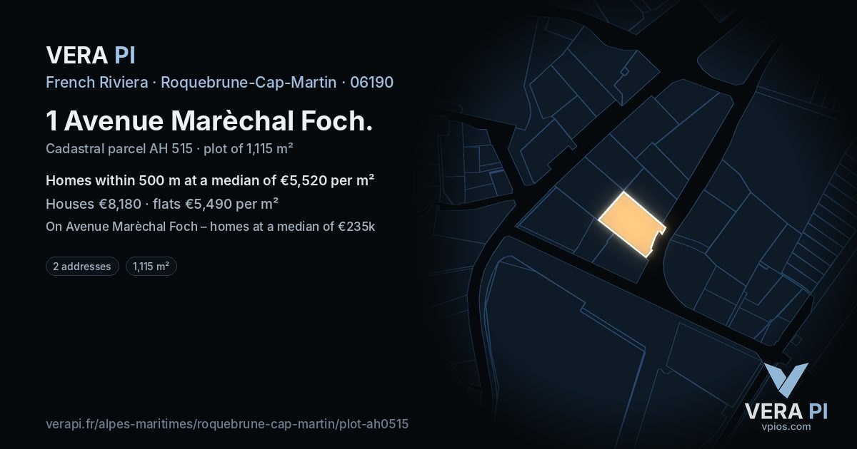 1 Avenue Marèchal Foch, Roquebrune-Cap-Martin at night – the plot lit, the parcels around coloured by the prices near them