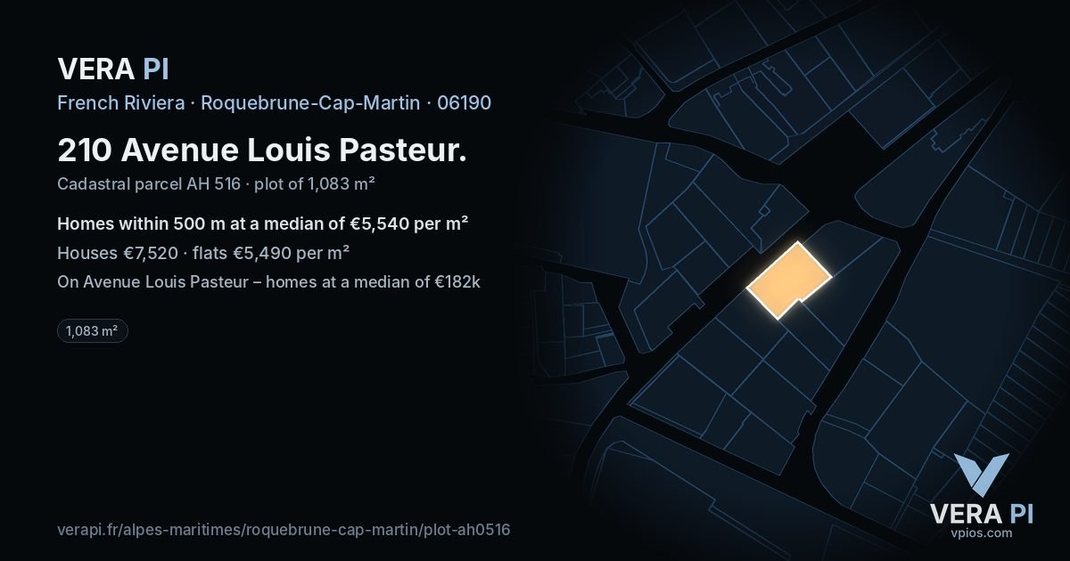 210 Avenue Louis Pasteur, Roquebrune-Cap-Martin at night – the plot lit, the parcels around coloured by the prices near them