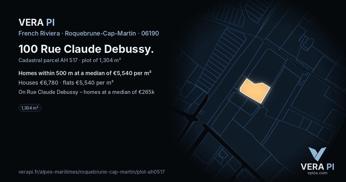 100 Rue Claude Debussy, Roquebrune-Cap-Martin at night – the plot lit, the parcels around coloured by the prices near them
