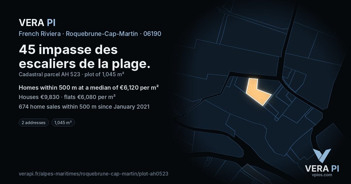 45 impasse des escaliers de la plage, Roquebrune-Cap-Martin at night – the plot lit, the parcels around coloured by the prices near them