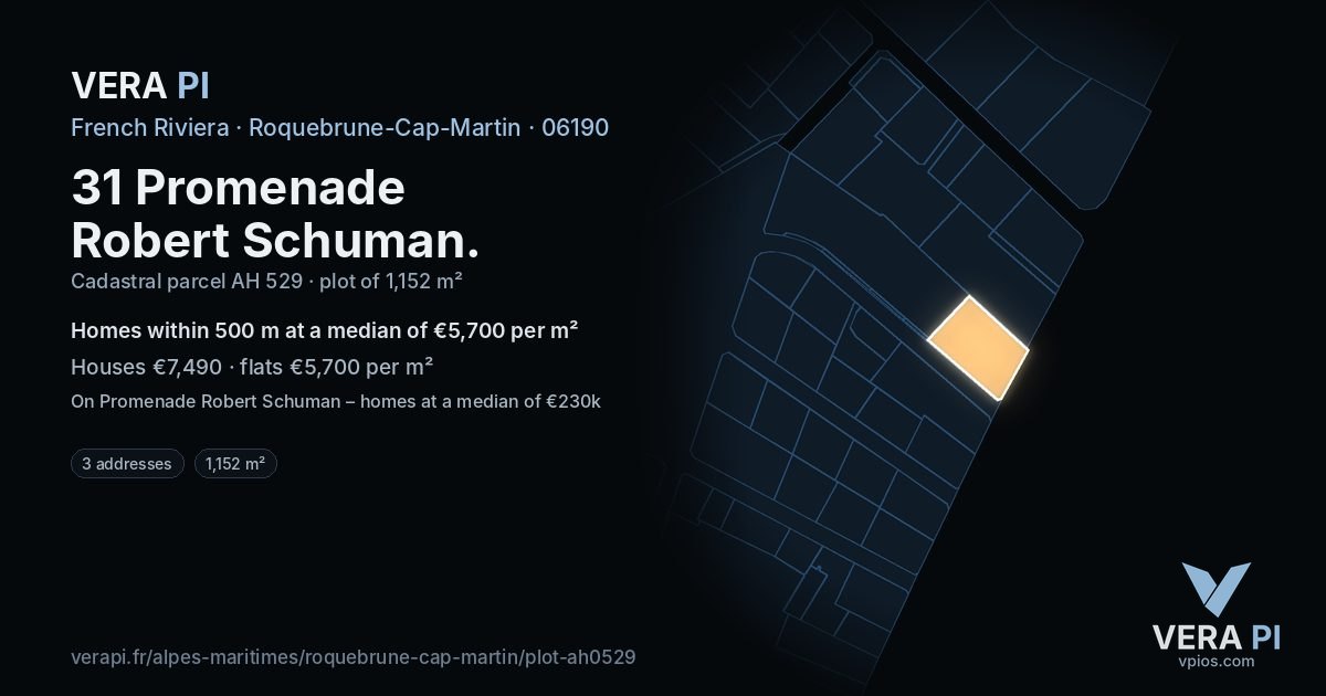 31 Promenade Robert Schuman, Roquebrune-Cap-Martin at night – the plot lit, the parcels around coloured by the prices near them