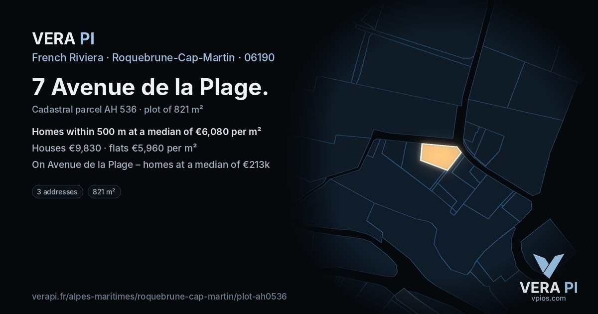 7 Avenue de la Plage, Roquebrune-Cap-Martin at night – the plot lit, the parcels around coloured by the prices near them