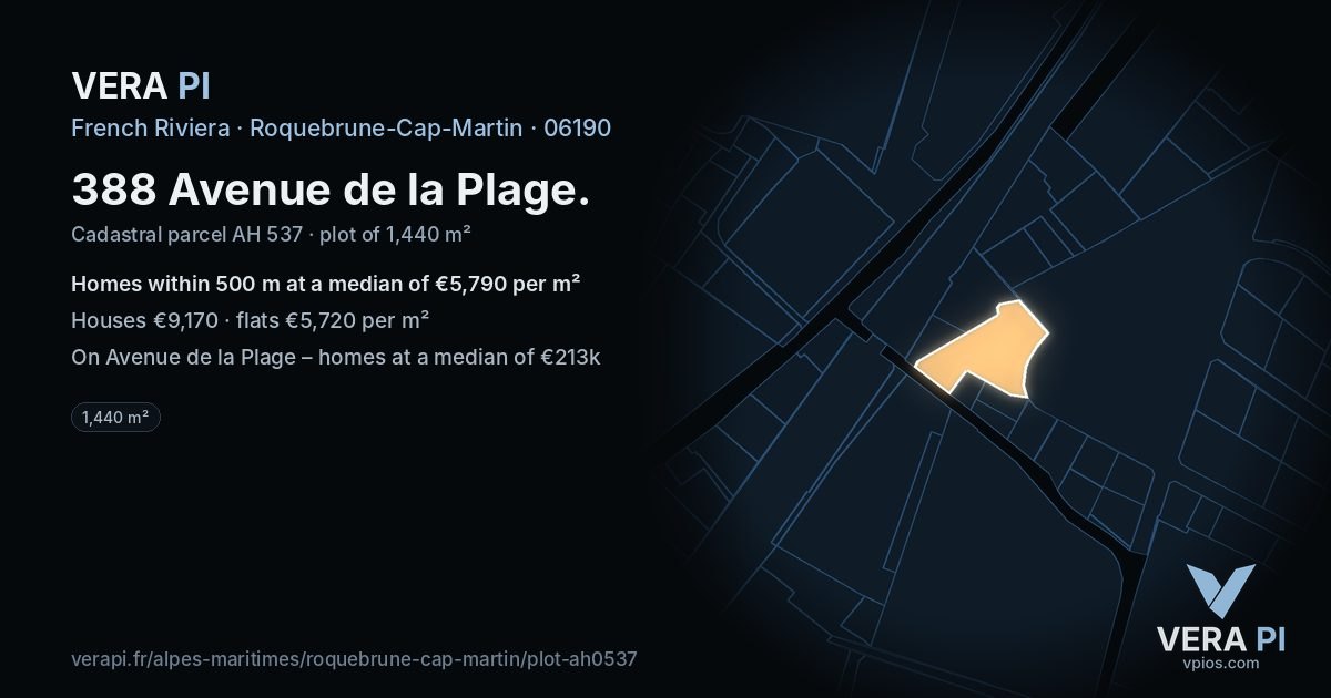 388 Avenue de la Plage, Roquebrune-Cap-Martin at night – the plot lit, the parcels around coloured by the prices near them