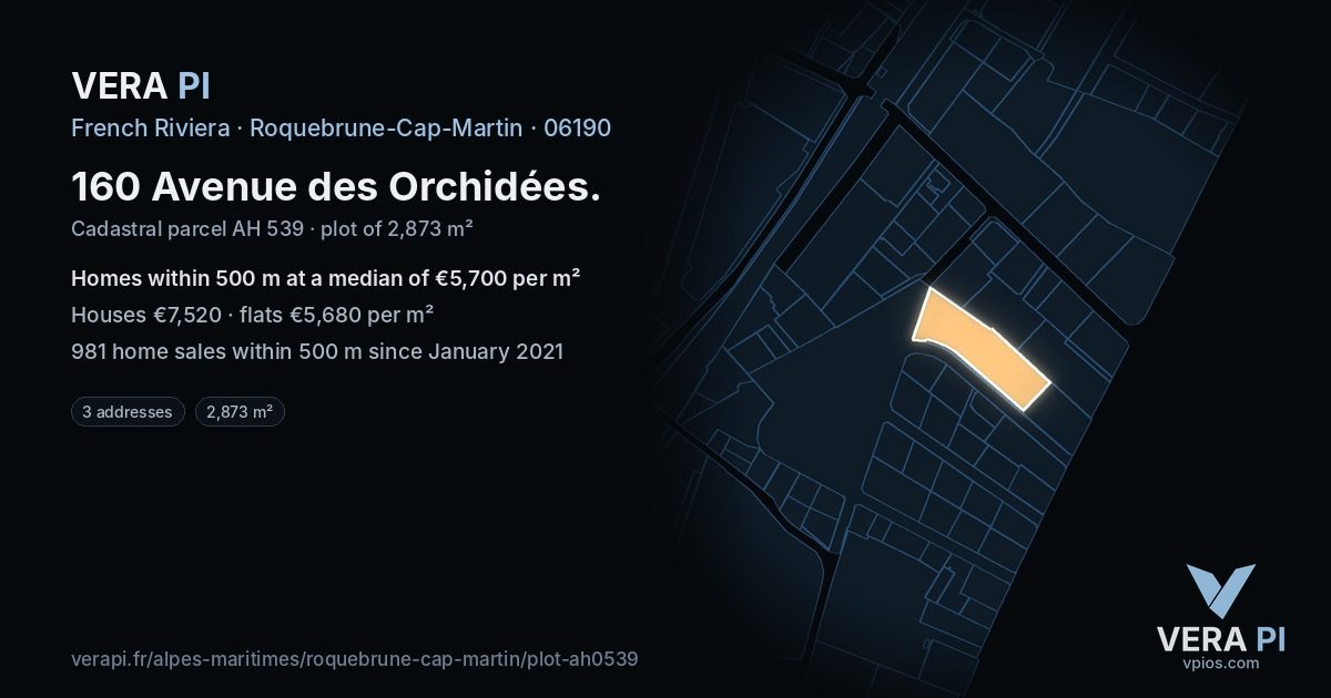 160 Avenue des Orchidées, Roquebrune-Cap-Martin at night – the plot lit, the parcels around coloured by the prices near them