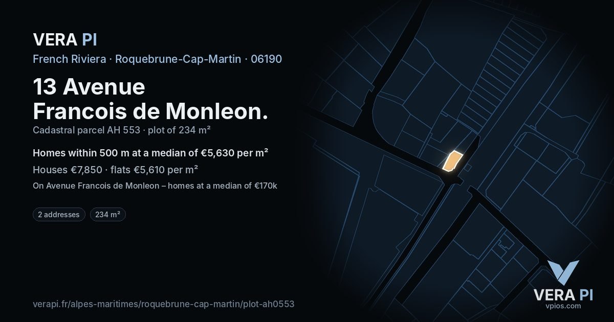13 Avenue Francois de Monleon, Roquebrune-Cap-Martin at night – the plot lit, the parcels around coloured by the prices near them