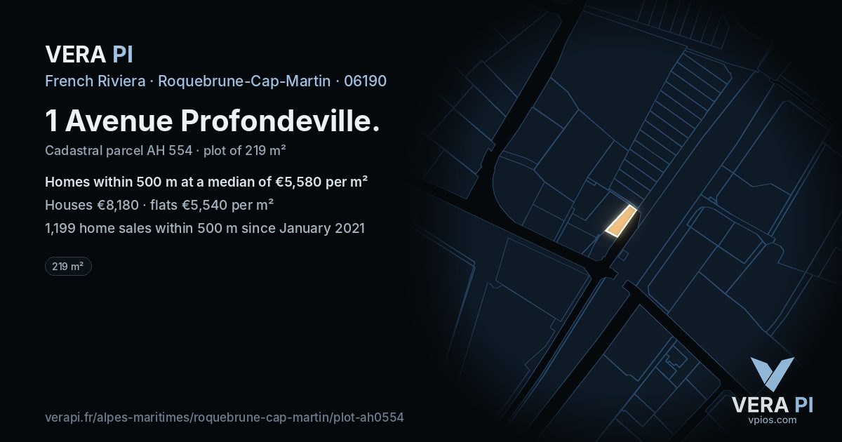 1 Avenue Profondeville, Roquebrune-Cap-Martin at night – the plot lit, the parcels around coloured by the prices near them