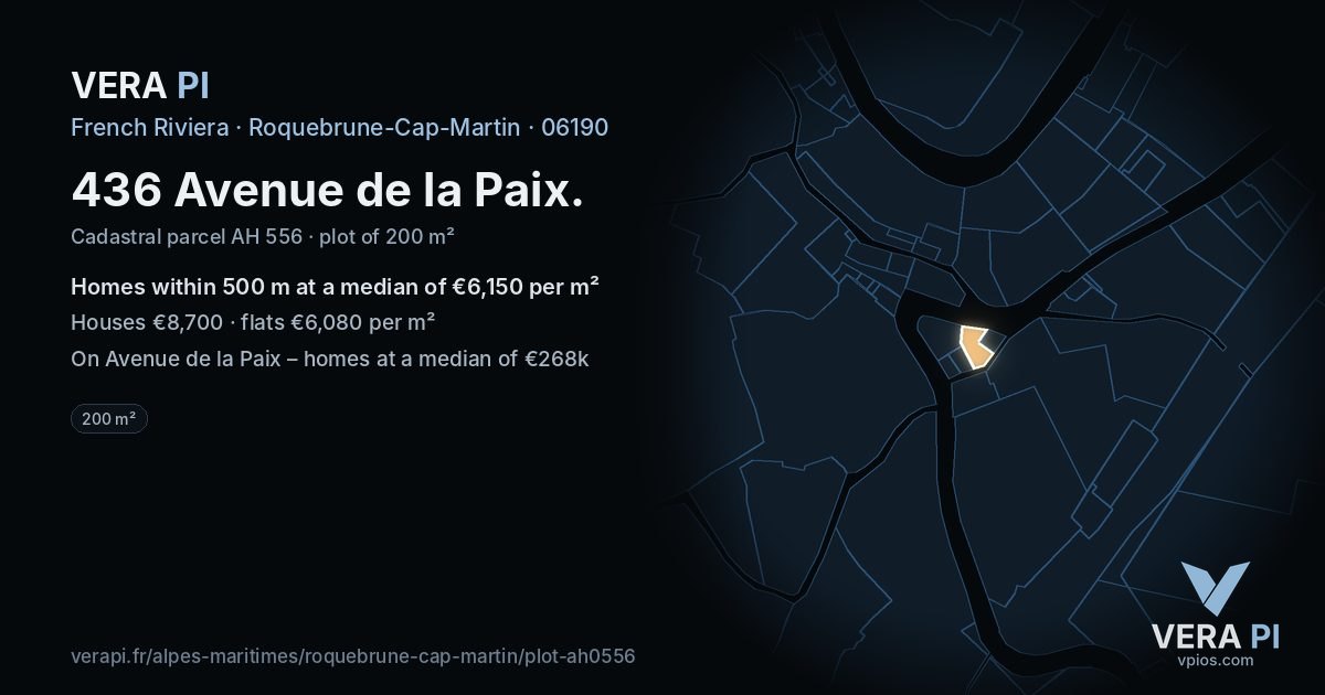 436 Avenue de la Paix, Roquebrune-Cap-Martin at night – the plot lit, the parcels around coloured by the prices near them