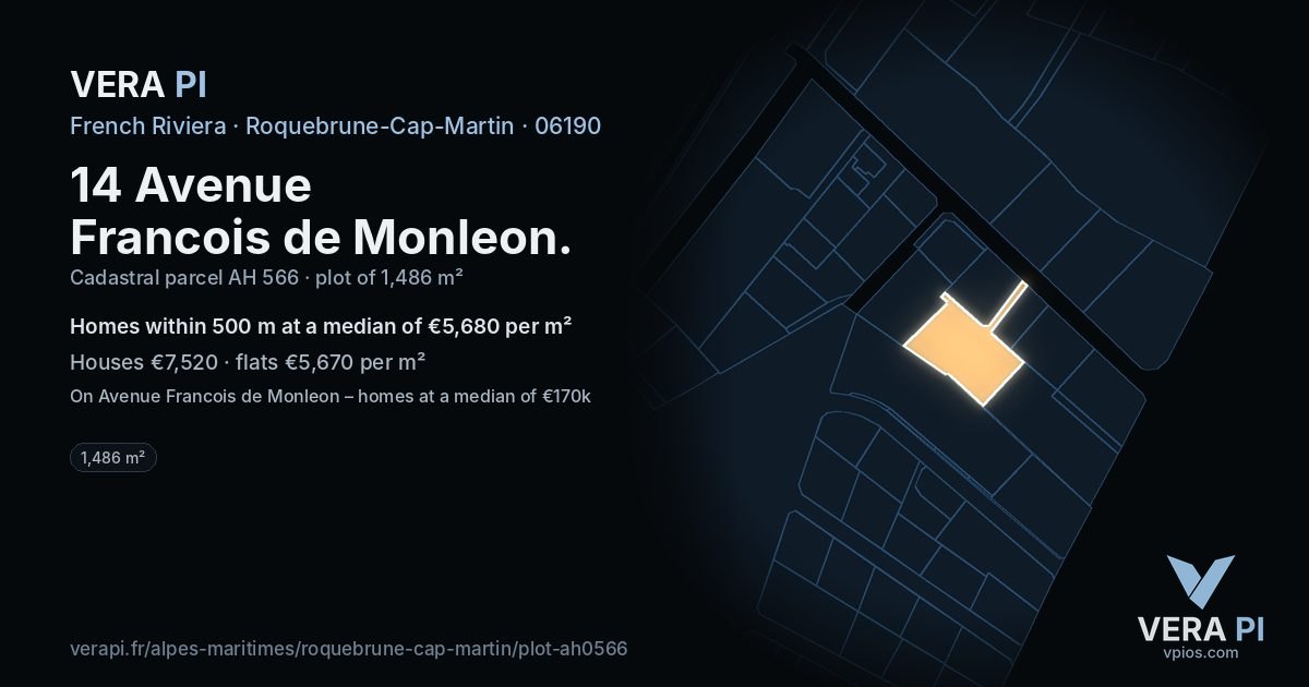 14 Avenue Francois de Monleon, Roquebrune-Cap-Martin at night – the plot lit, the parcels around coloured by the prices near them