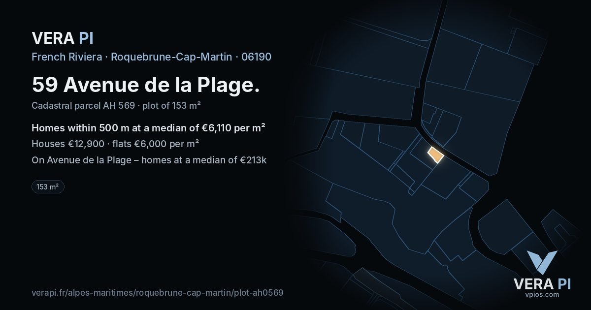 59 Avenue de la Plage, Roquebrune-Cap-Martin at night – the plot lit, the parcels around coloured by the prices near them