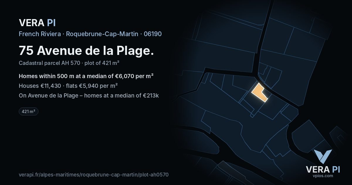 75 Avenue de la Plage, Roquebrune-Cap-Martin at night – the plot lit, the parcels around coloured by the prices near them