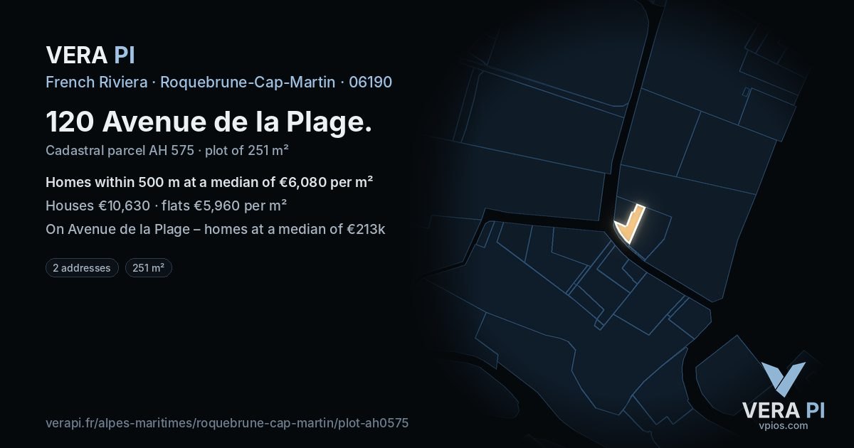 120 Avenue de la Plage, Roquebrune-Cap-Martin at night – the plot lit, the parcels around coloured by the prices near them