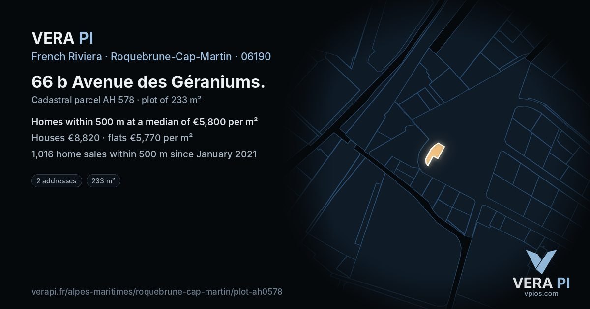 66 b Avenue des Géraniums, Roquebrune-Cap-Martin at night – the plot lit, the parcels around coloured by the prices near them