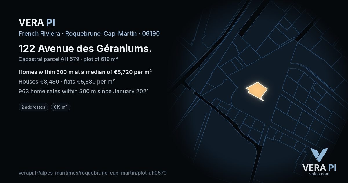 122 Avenue des Géraniums, Roquebrune-Cap-Martin at night – the plot lit, the parcels around coloured by the prices near them
