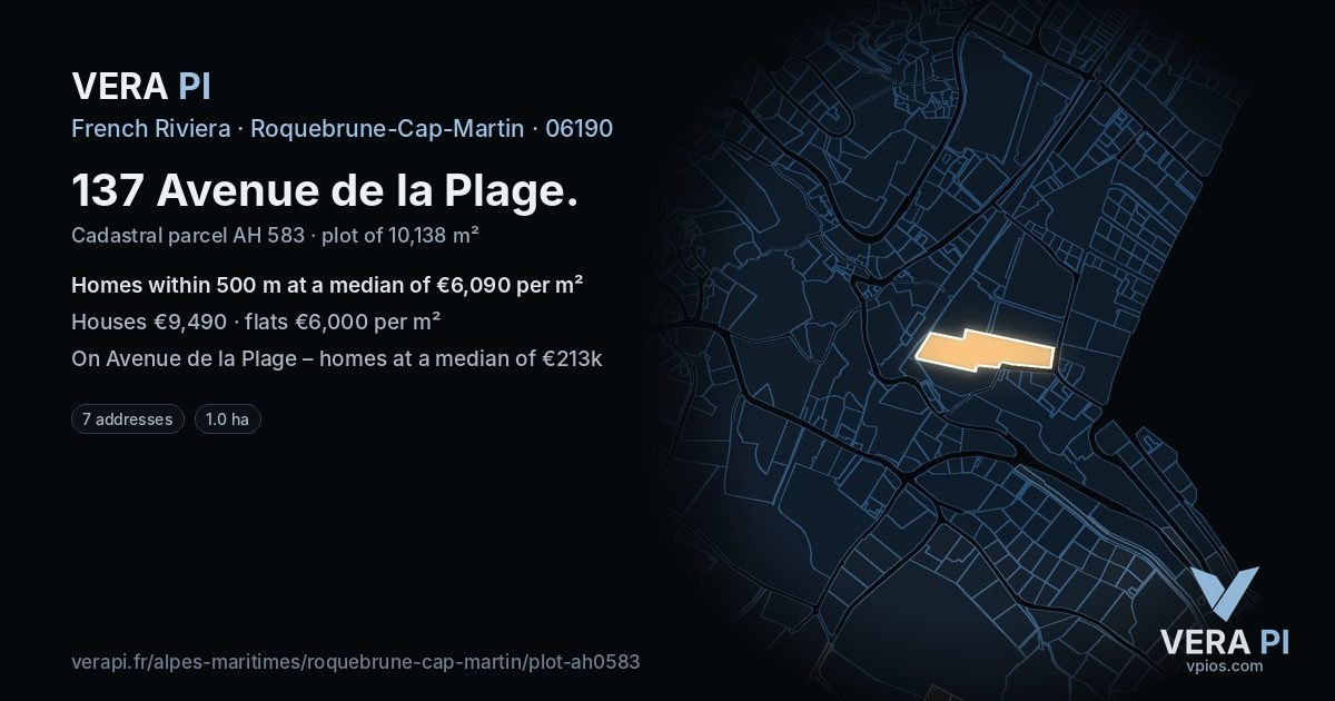 137 Avenue de la Plage, Roquebrune-Cap-Martin at night – the plot lit, the parcels around coloured by the prices near them