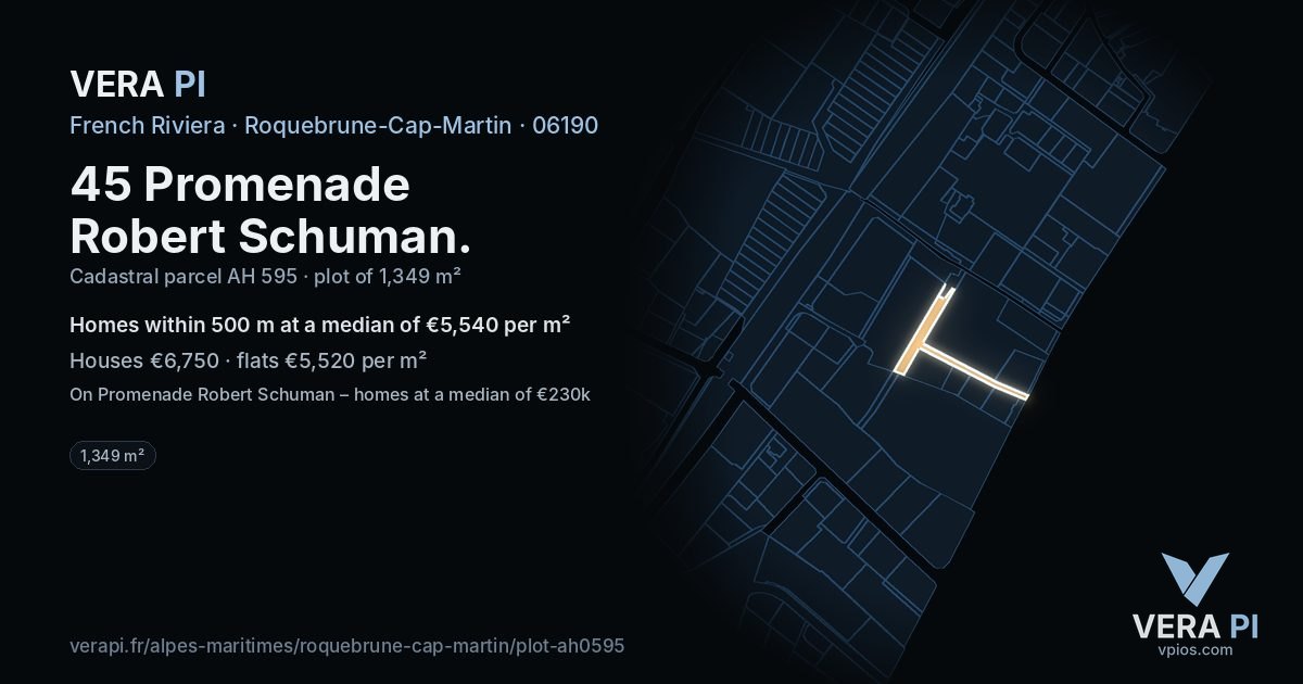45 Promenade Robert Schuman, Roquebrune-Cap-Martin at night – the plot lit, the parcels around coloured by the prices near them