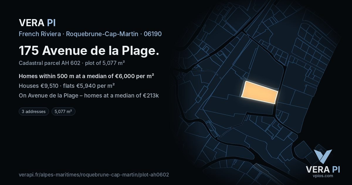 175 Avenue de la Plage, Roquebrune-Cap-Martin at night – the plot lit, the parcels around coloured by the prices near them