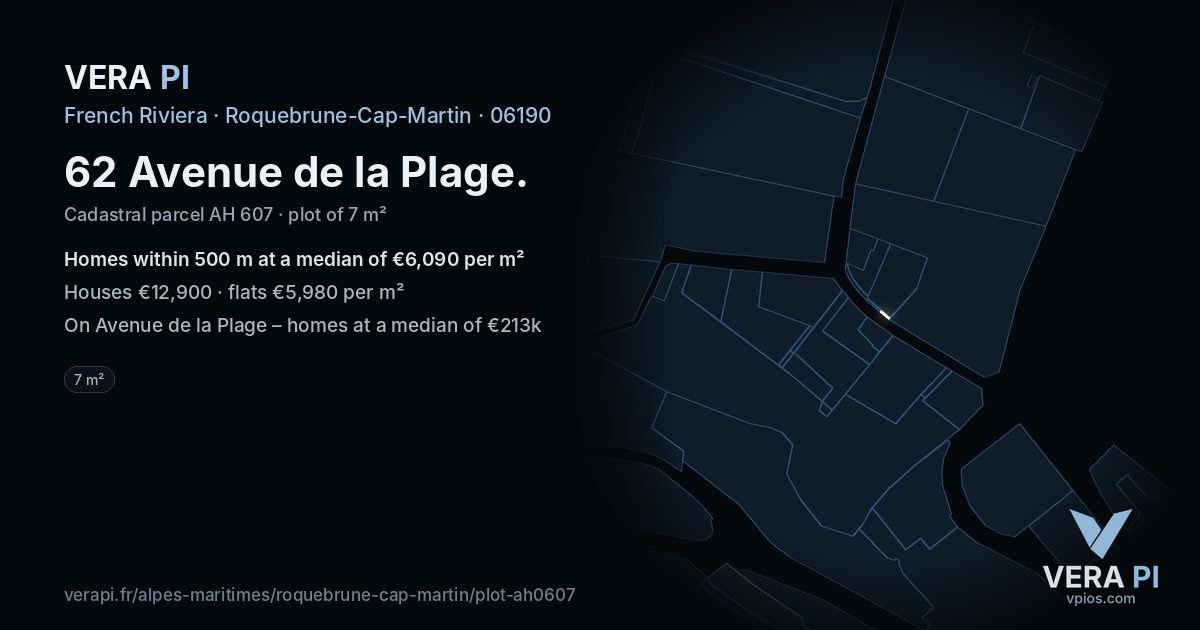 62 Avenue de la Plage, Roquebrune-Cap-Martin at night – the plot lit, the parcels around coloured by the prices near them