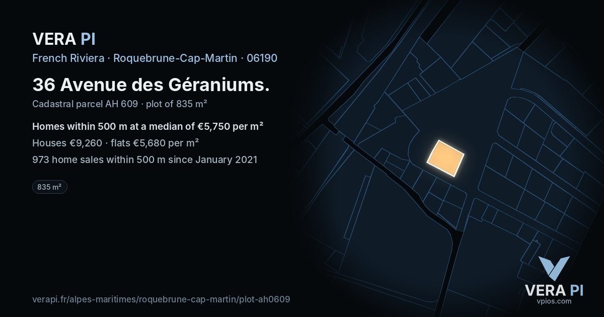 36 Avenue des Géraniums, Roquebrune-Cap-Martin at night – the plot lit, the parcels around coloured by the prices near them