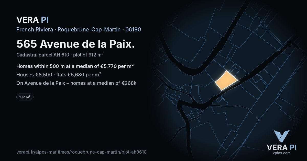 565 Avenue de la Paix, Roquebrune-Cap-Martin at night – the plot lit, the parcels around coloured by the prices near them