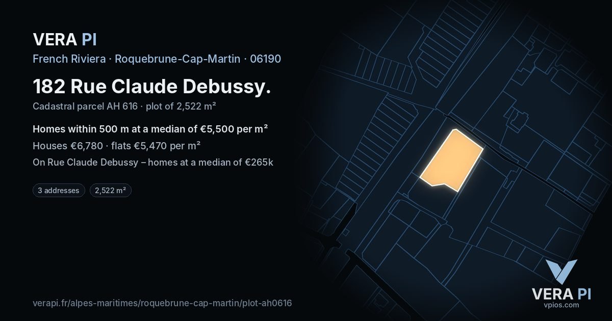182 Rue Claude Debussy, Roquebrune-Cap-Martin at night – the plot lit, the parcels around coloured by the prices near them
