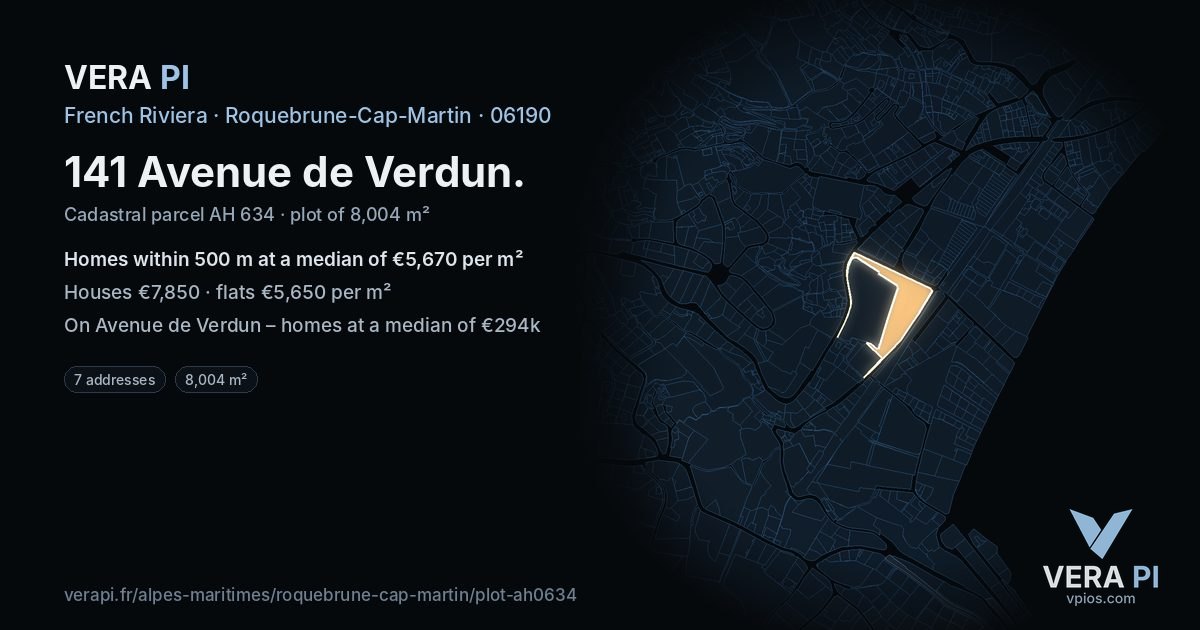 141 Avenue de Verdun, Roquebrune-Cap-Martin at night – the plot lit, the parcels around coloured by the prices near them