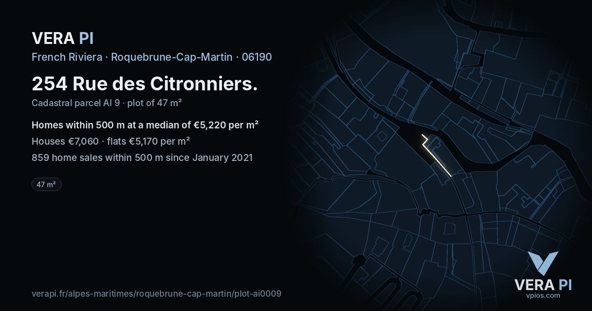 254 Rue des Citronniers, Roquebrune-Cap-Martin at night – the plot lit, the parcels around coloured by the prices near them