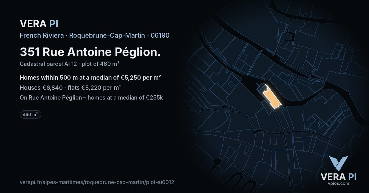351 Rue Antoine Péglion, Roquebrune-Cap-Martin at night – the plot lit, the parcels around coloured by the prices near them