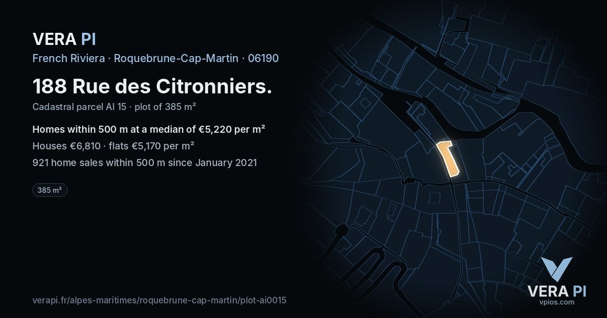 188 Rue des Citronniers, Roquebrune-Cap-Martin at night – the plot lit, the parcels around coloured by the prices near them