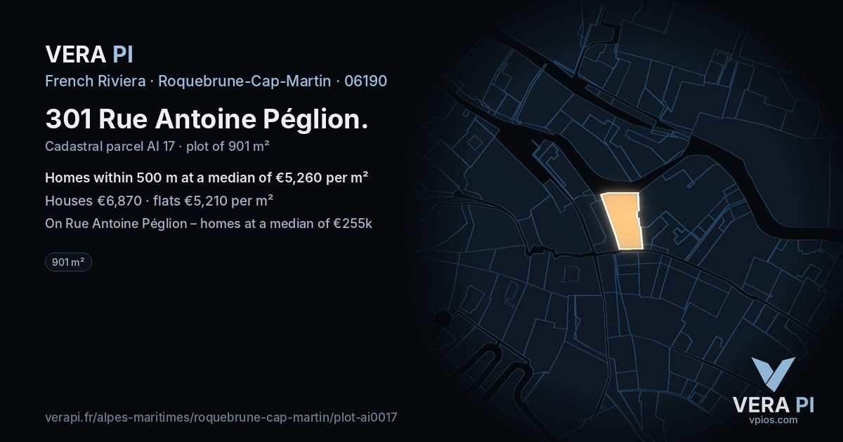 301 Rue Antoine Péglion, Roquebrune-Cap-Martin at night – the plot lit, the parcels around coloured by the prices near them
