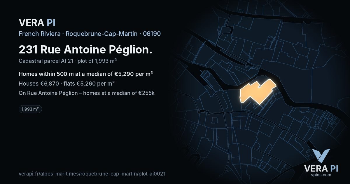231 Rue Antoine Péglion, Roquebrune-Cap-Martin at night – the plot lit, the parcels around coloured by the prices near them