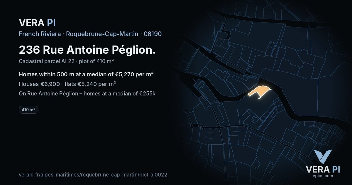 236 Rue Antoine Péglion, Roquebrune-Cap-Martin at night – the plot lit, the parcels around coloured by the prices near them