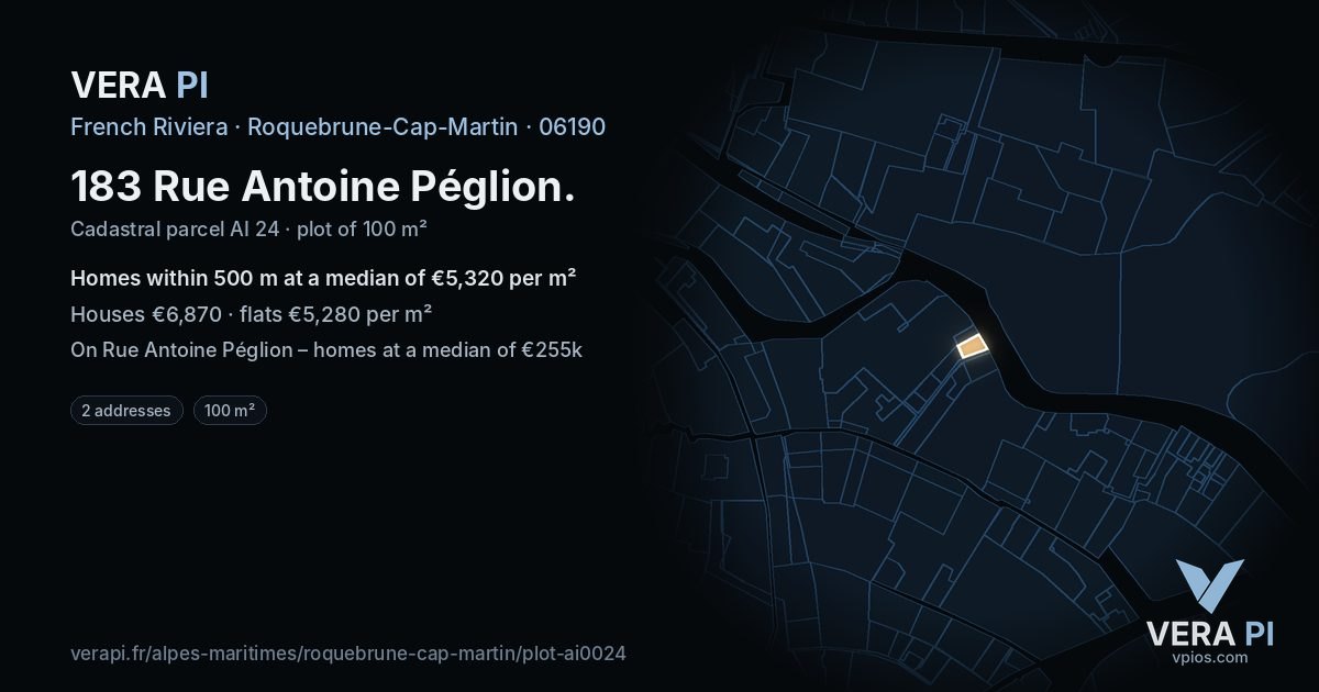 183 Rue Antoine Péglion, Roquebrune-Cap-Martin at night – the plot lit, the parcels around coloured by the prices near them
