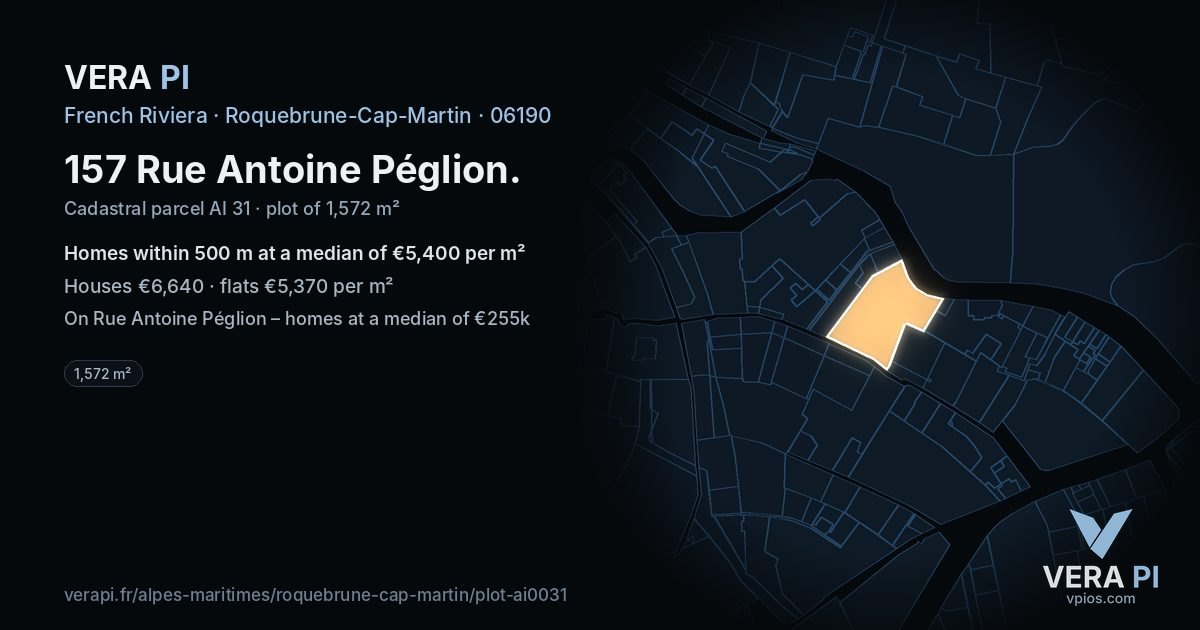 157 Rue Antoine Péglion, Roquebrune-Cap-Martin at night – the plot lit, the parcels around coloured by the prices near them