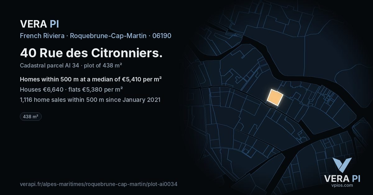 40 Rue des Citronniers, Roquebrune-Cap-Martin at night – the plot lit, the parcels around coloured by the prices near them
